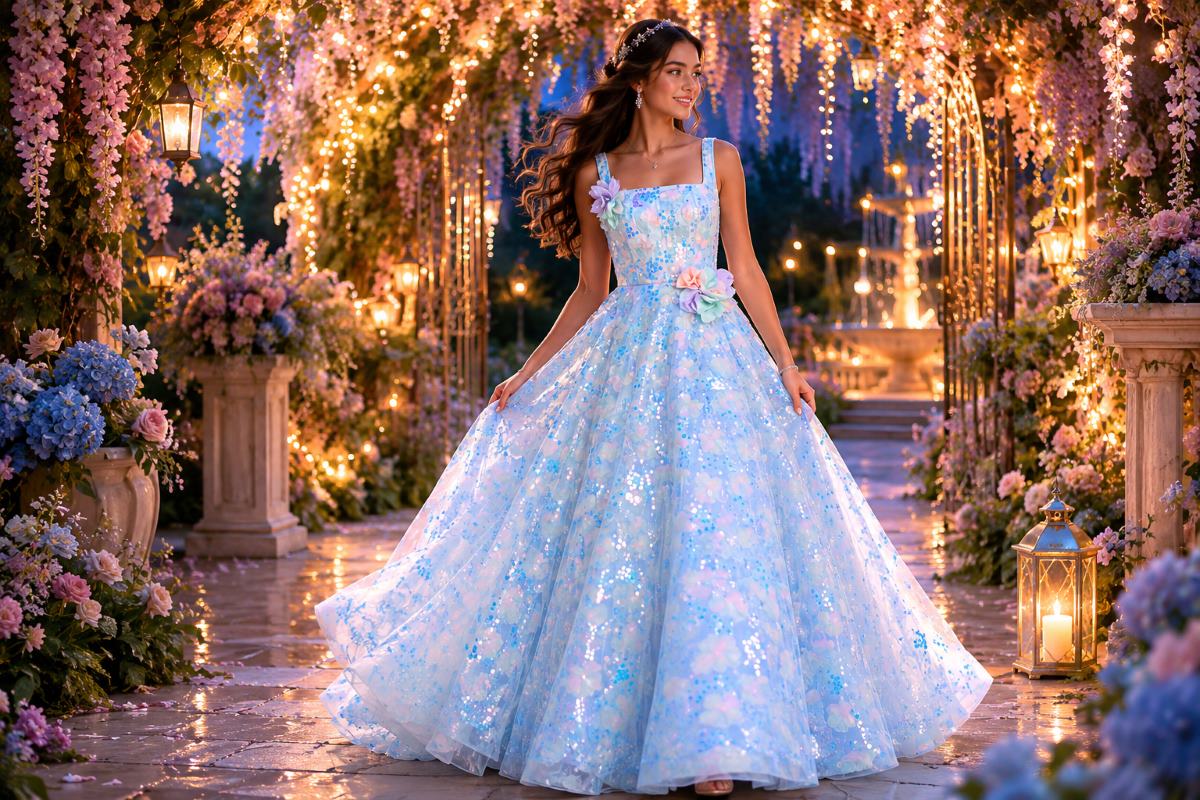 Blue enchanted garden Sweet 16 ball gown