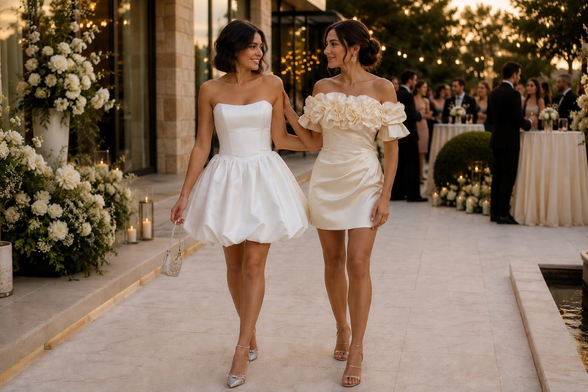 Bride-to-be and guest in chic white engagement party dresses