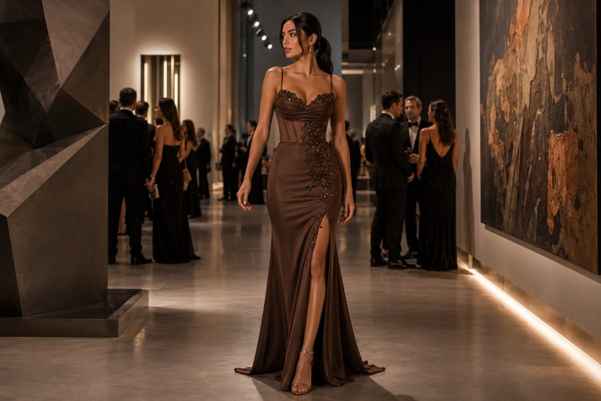 Espresso brown prom dress at luxury gallery gala