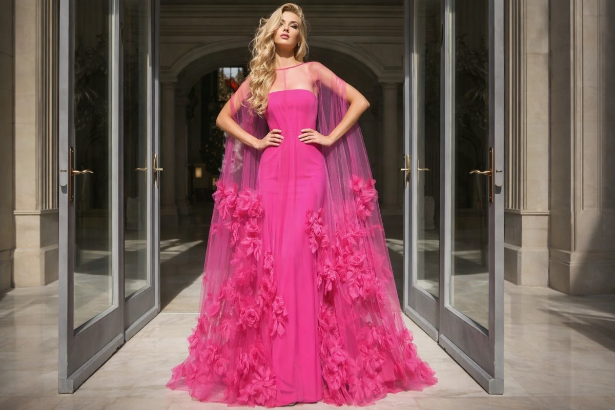 Hot pink formal evening dress with a sheer tulle cape overlay