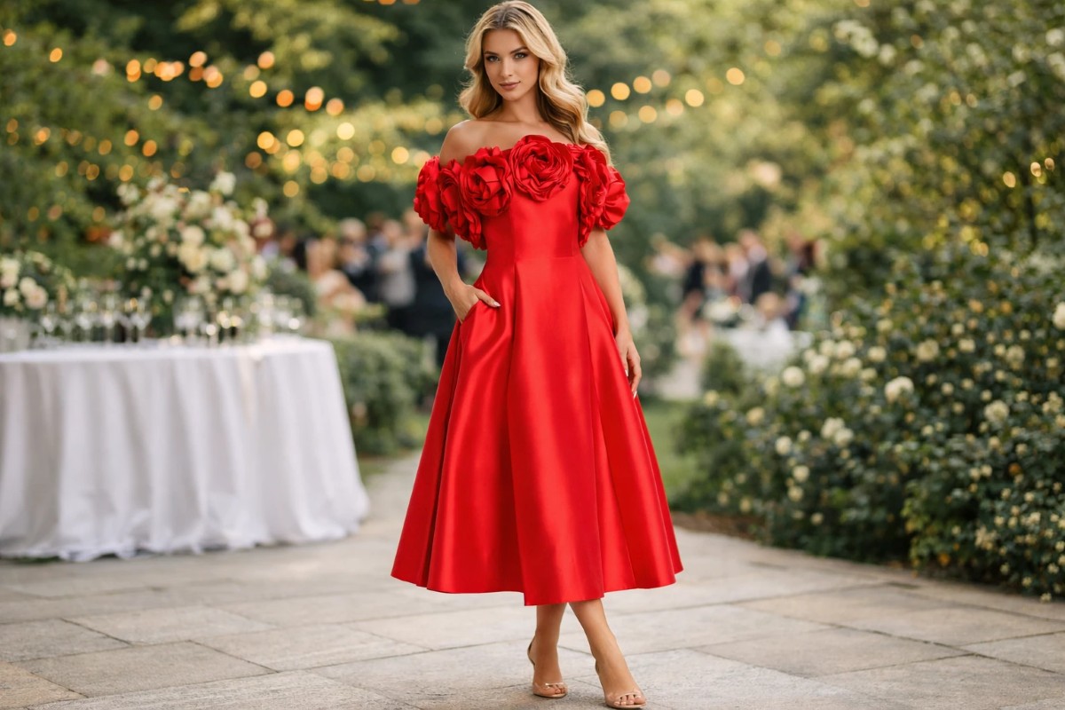 Red satin midi evening dress with off-the-shoulder floral rosette neckline and A-line