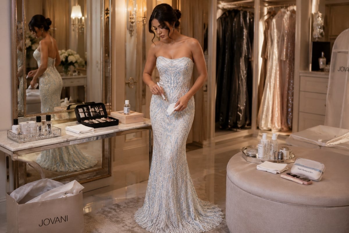 Woman cleaning stain from embellished prom gown with stain remover pen