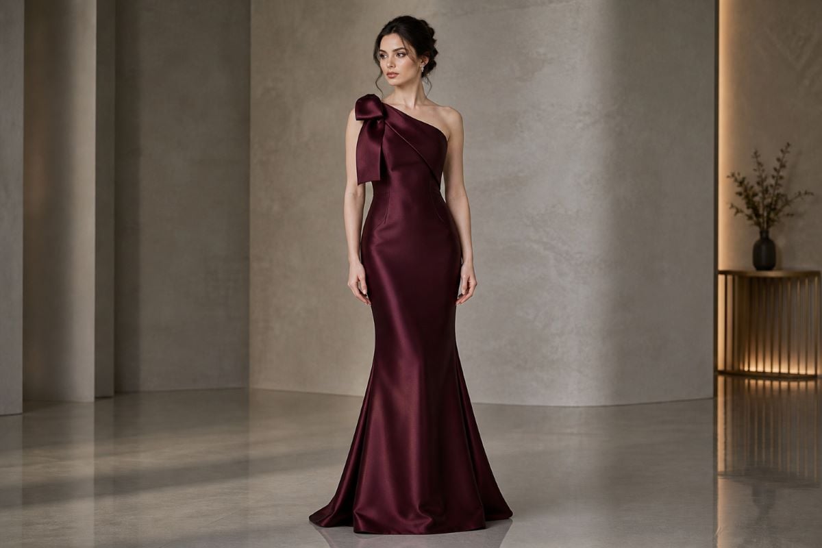 fair skin model wearing dark satin evening gown with one shoulder bow