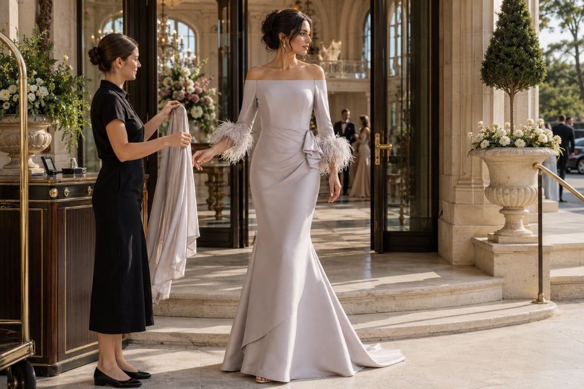 Feather sleeve mother of bride gown