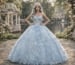 Blue quinceanera ball gown with floral appliqué