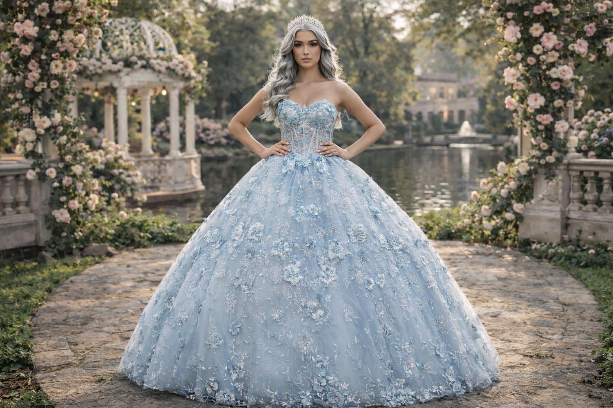 Blue quinceanera ball gown with floral appliqué
