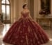 Burgundy and gold Quinceañera ball gown with dramatic embroidered skirt
