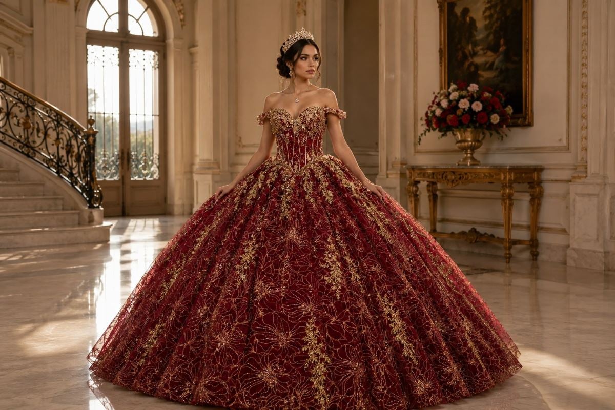 Burgundy and gold Quinceañera ball gown with dramatic embroidered skirt