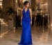 Royal blue halter column prom dress in luxury venue