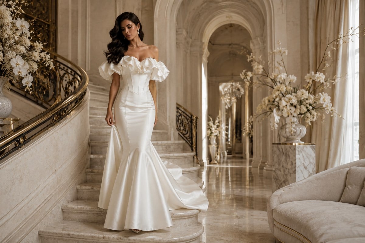 Ivory mermaid bridal gown in luxury couture atelier