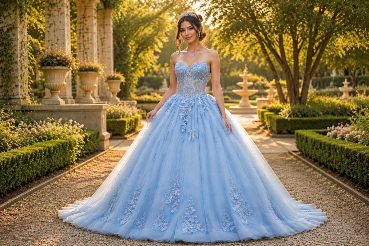 Light blue quinceanera gown full tulle