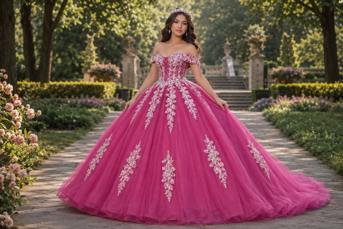 Pink quinceañera ball gown with floral appliqué in garden