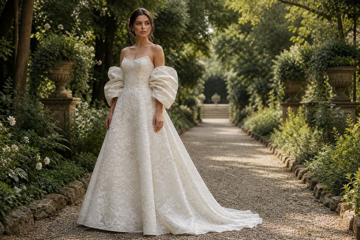 Elegant A-line wedding guest gown with puff sleeves