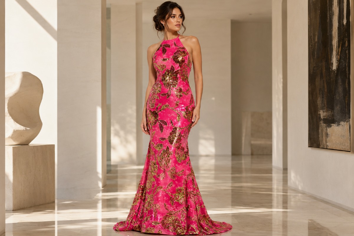 Fitted embellished evening gown with smooth silhouette