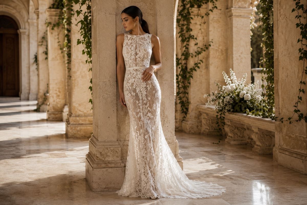 Elegant fitted lace bridal gown with romantic sheer texture