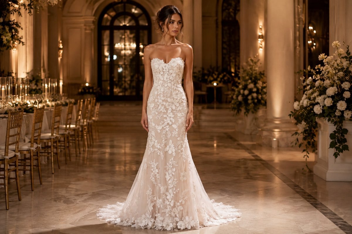 Bride in flowing A-line gown outdoors