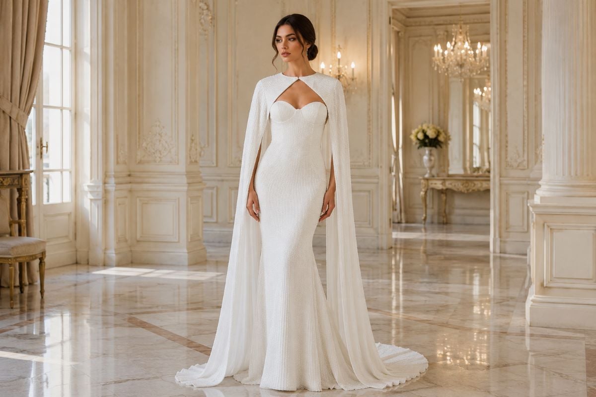 Fitted minimalist bridal gown with flowing cape sleeves