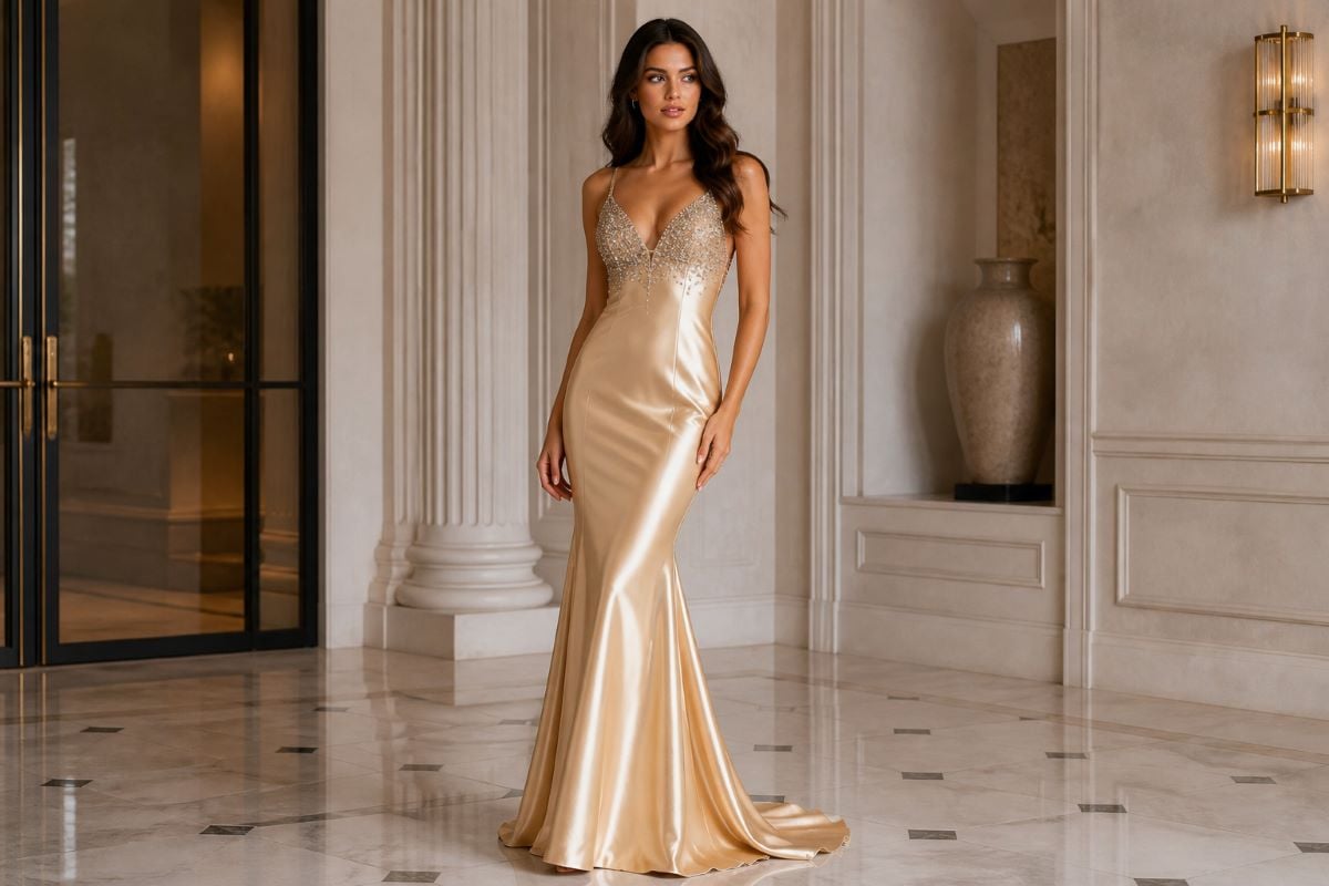 Fitted satin prom gown with beaded bodice and flared hem
