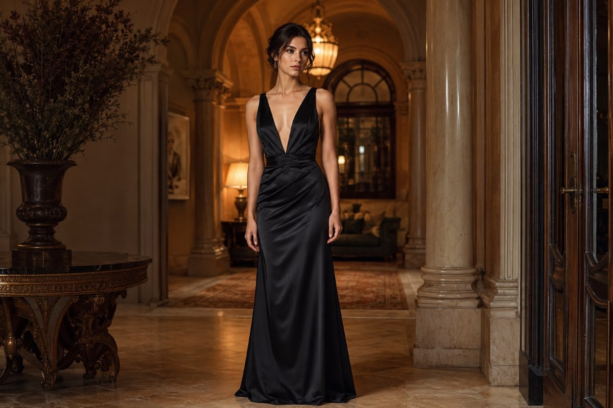 Floor-length black gown with plunging V-neck in luxury editorial interior