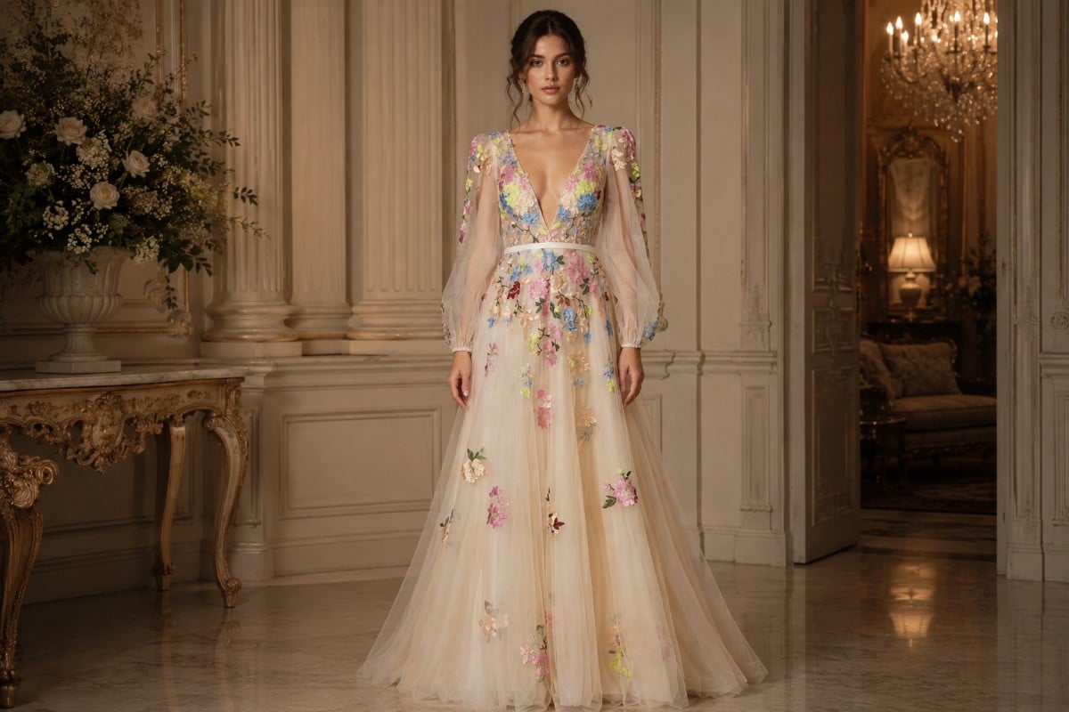 Cream gown with 3D floral appliqués