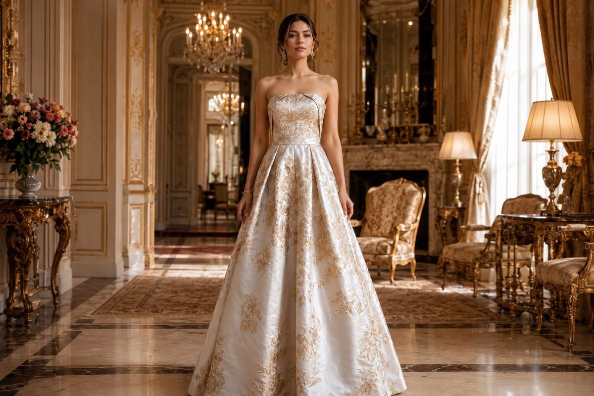 Floor-length strapless gown with gold floral embroidery in luxury interior