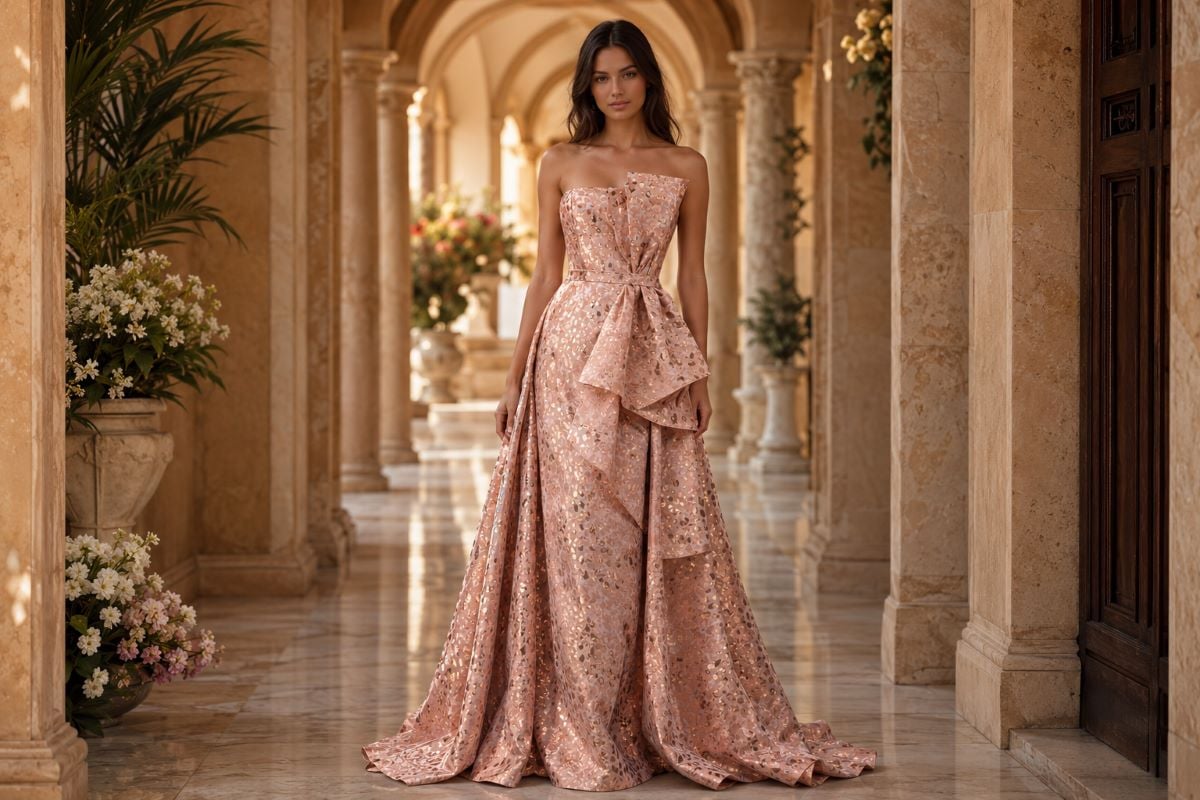 Floor-length strapless rose gold metallic gown in Mediterranean corridor