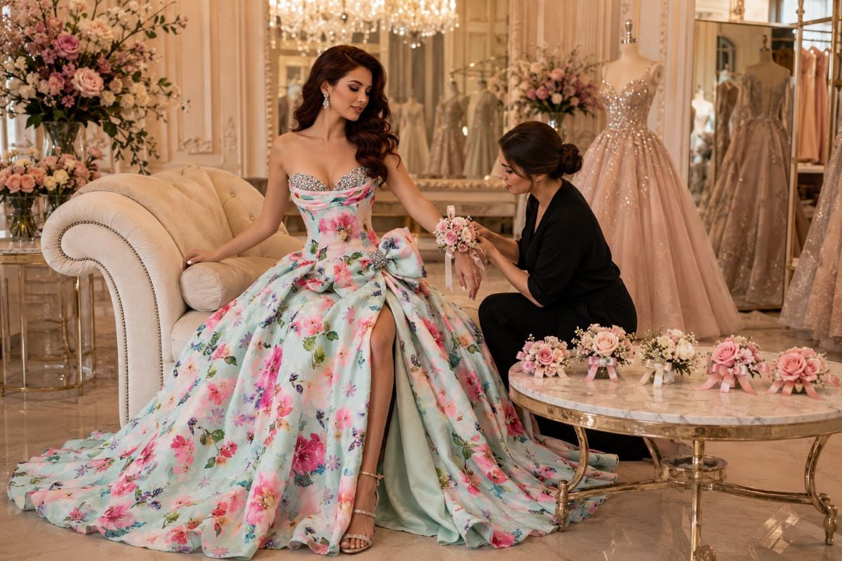Floral ball gown with statement wrist corsage