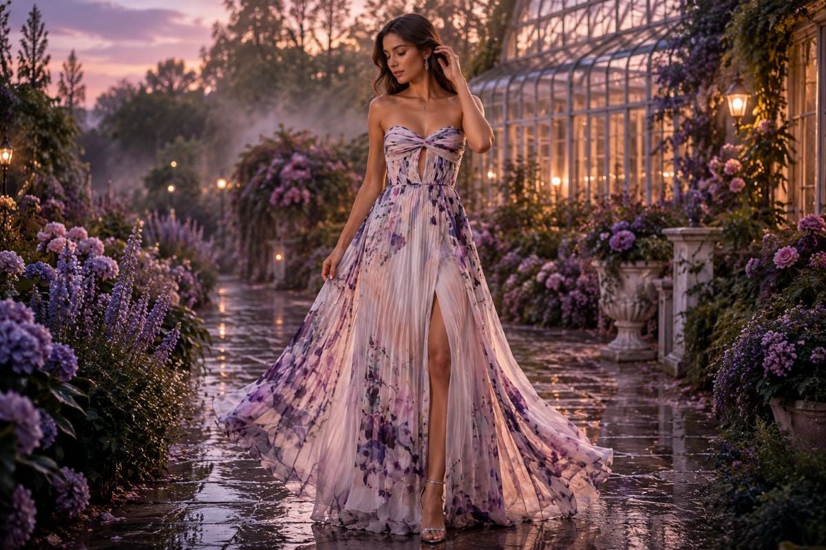 Floral chiffon prom gown in botanical garden