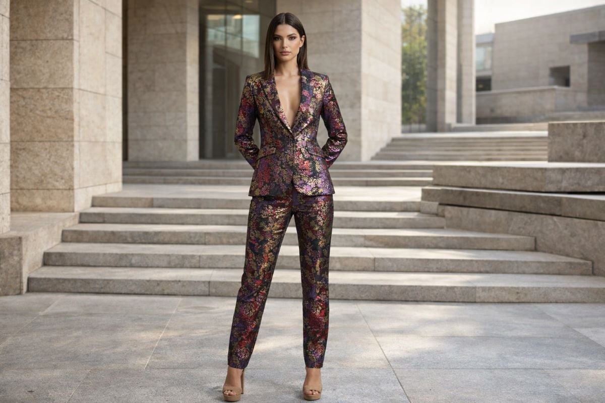 Floral brocade women’s formal suit with tapered pants