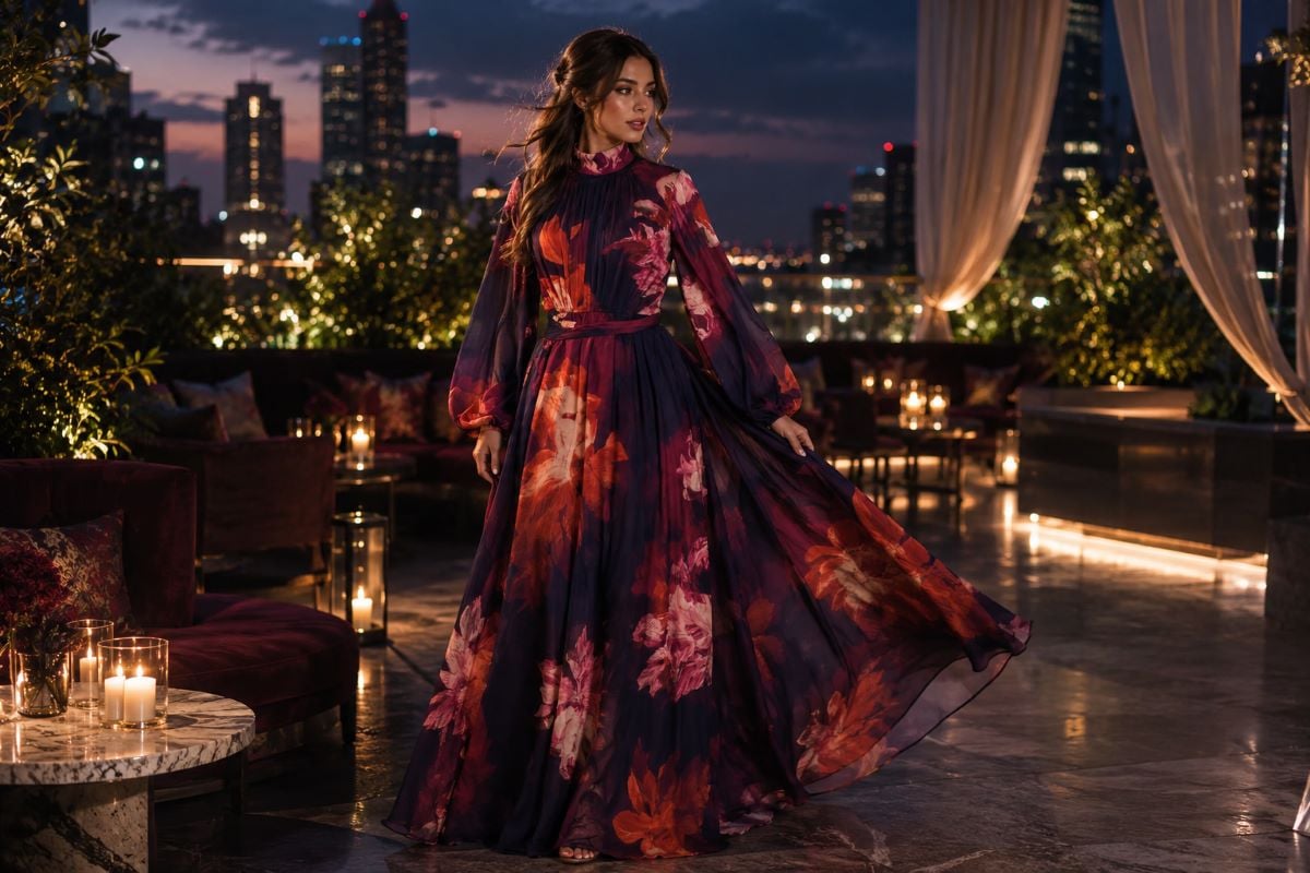Floral chiffon evening gown on rooftop terrace