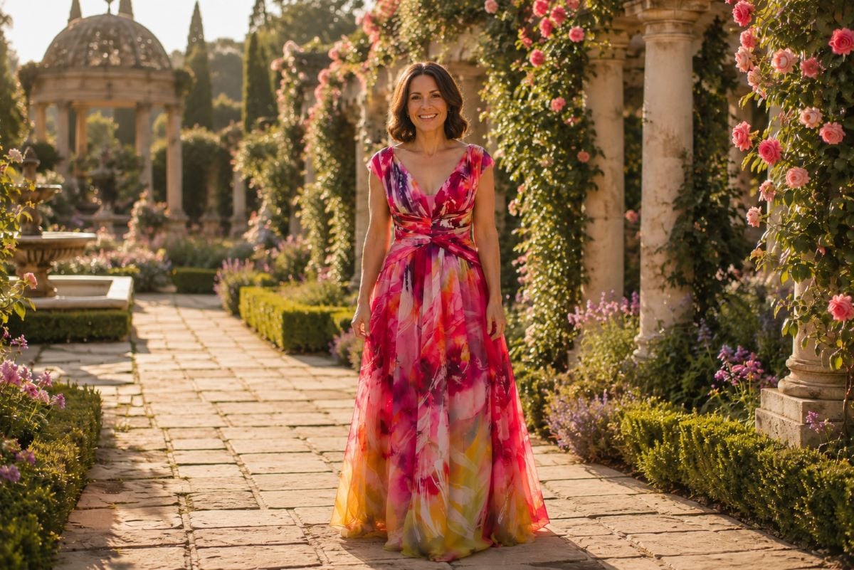 Floral chiffon gown celebrating confidence and life