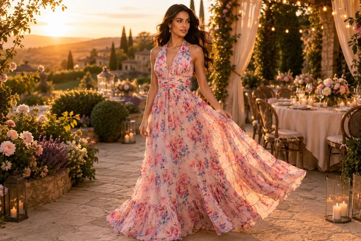 Floral chiffon halter cocktail dress at spring garden terrace