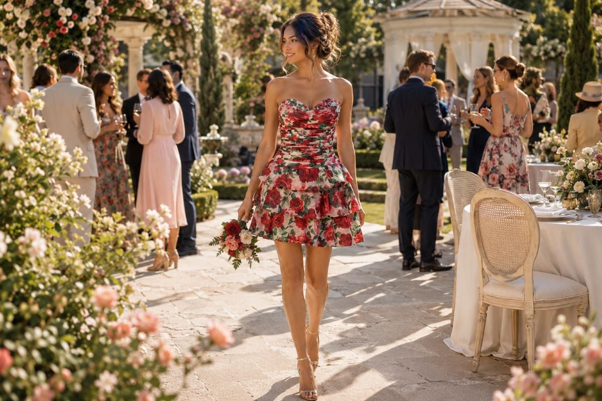Floral cocktail dress at elegant afternoon garden party