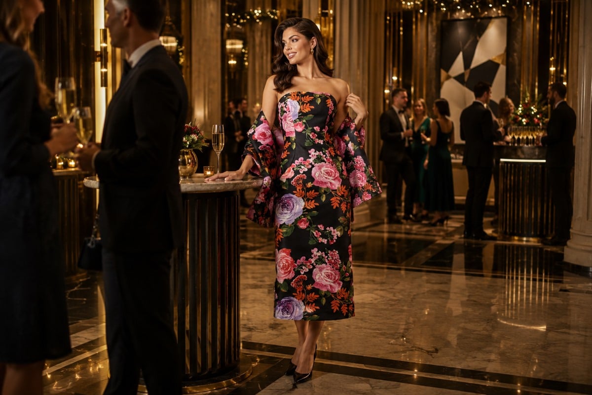 Floral cocktail dress at corporate holiday event