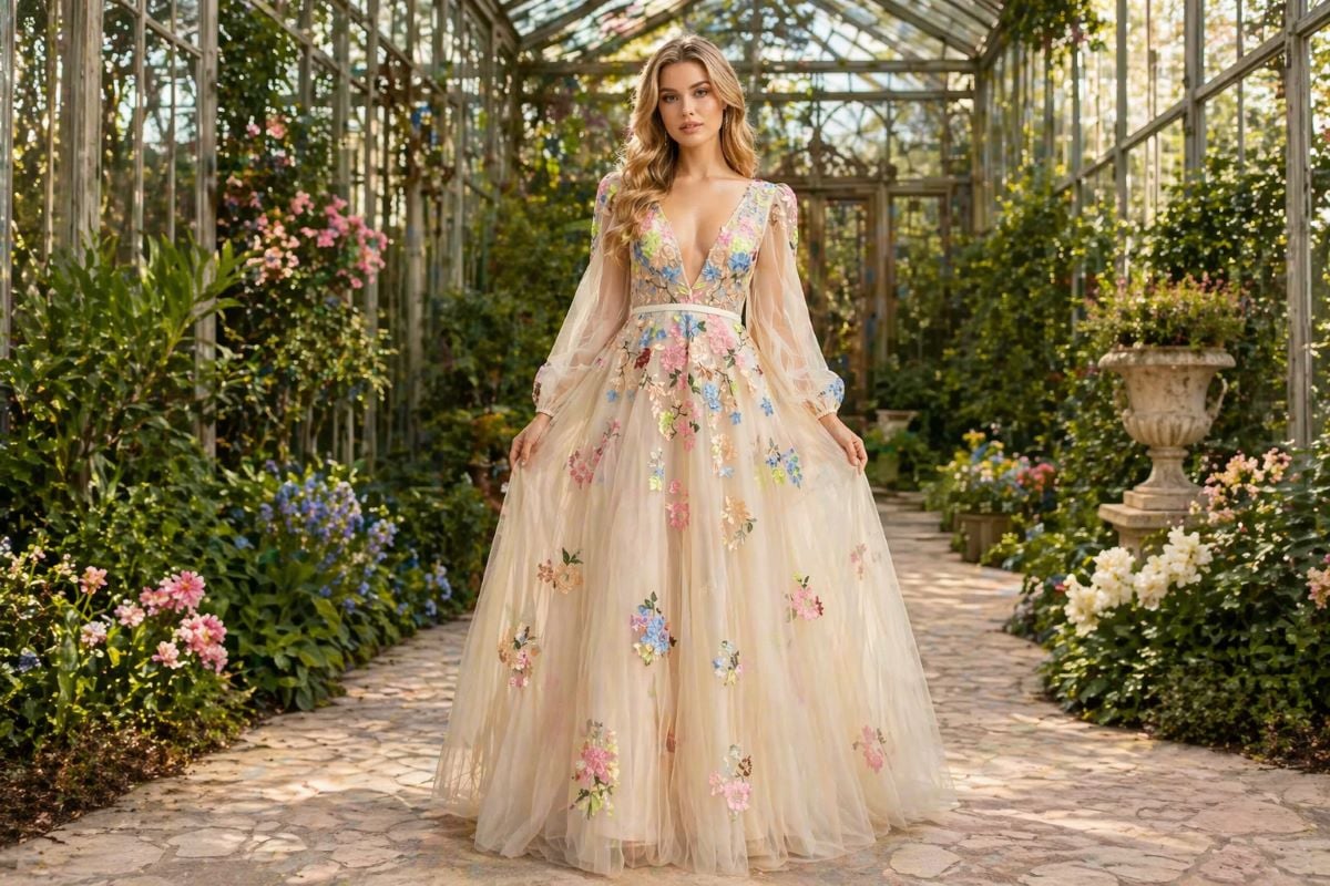 Floral embroidered A-line evening gown with sheer sleeves