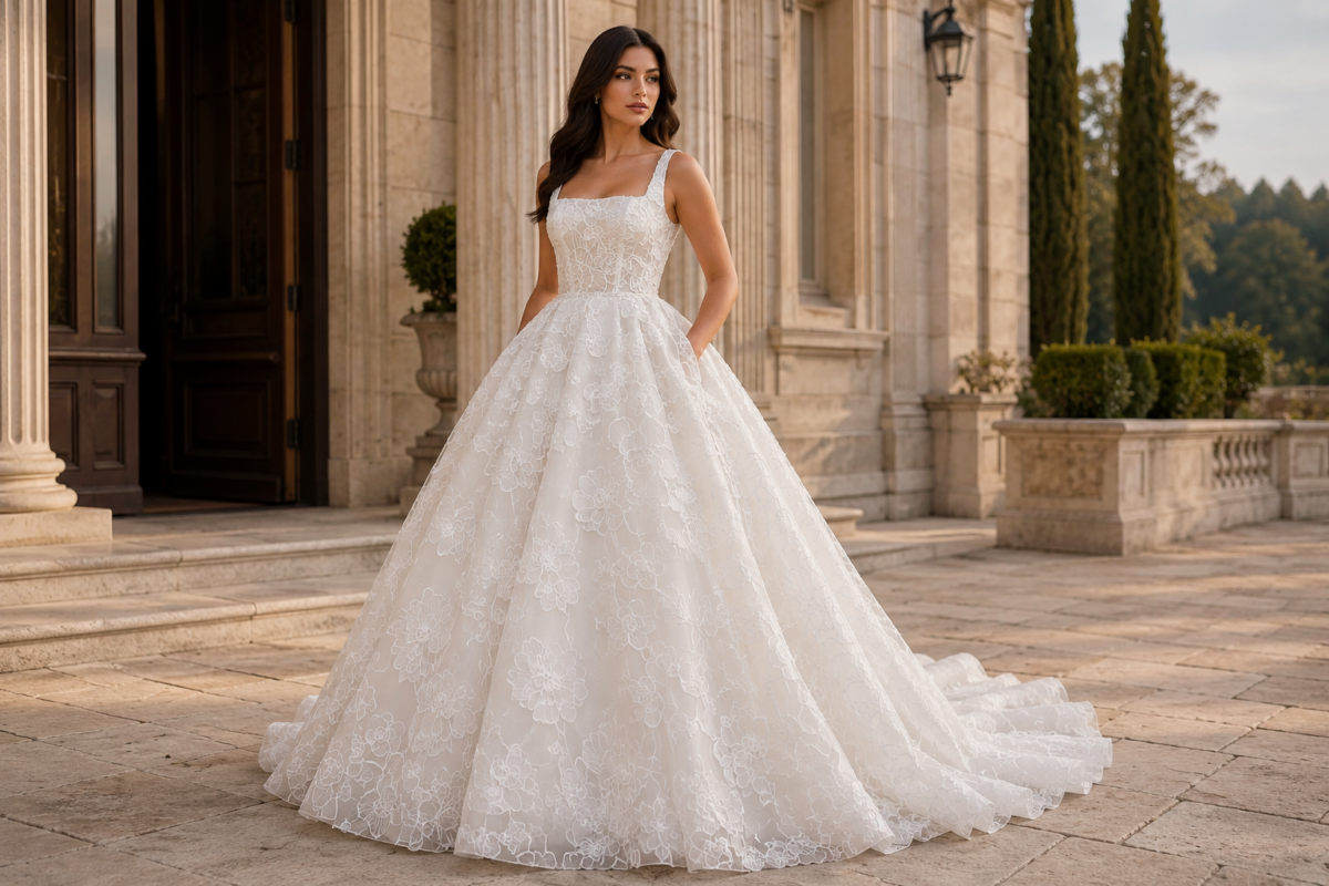 Bride in floral embroidered bridal ballgown with square neckline