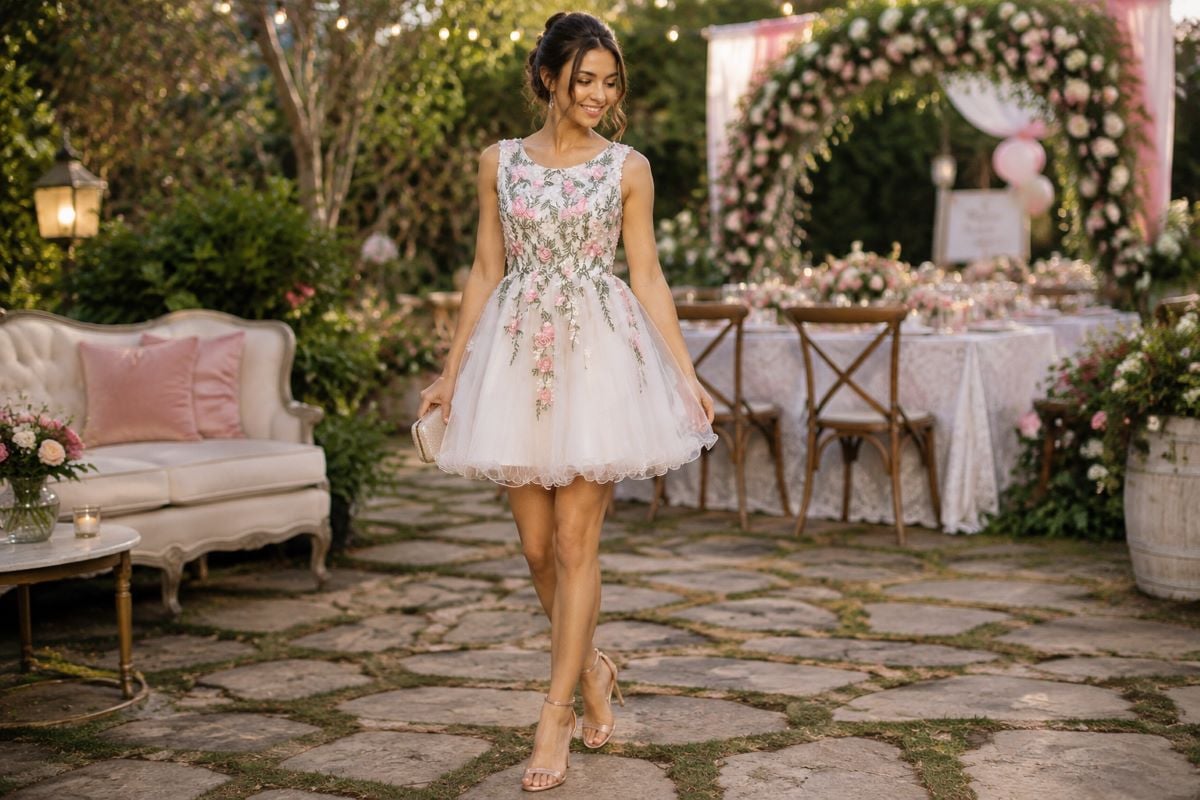 Floral embroidered Sweet 16 mini dress