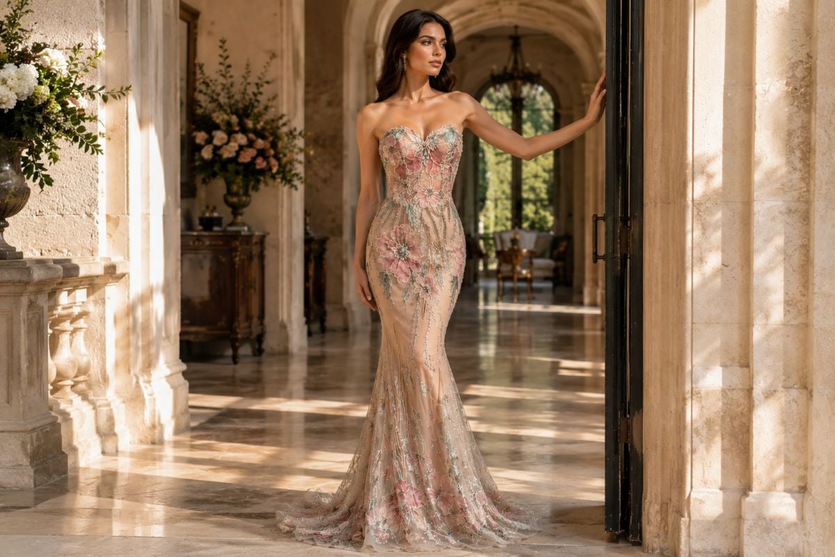 Floral embroidered vintage inspired mermaid evening gown