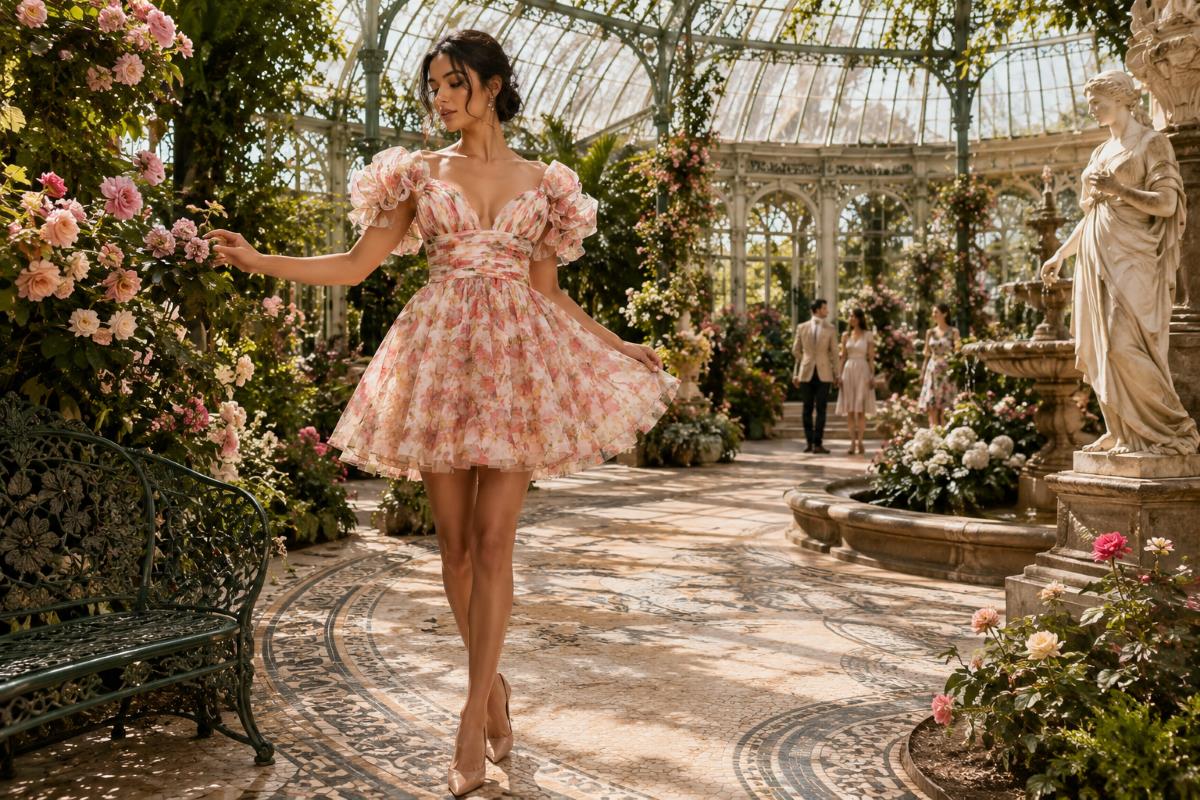 Floral empire waist mini dress editorial