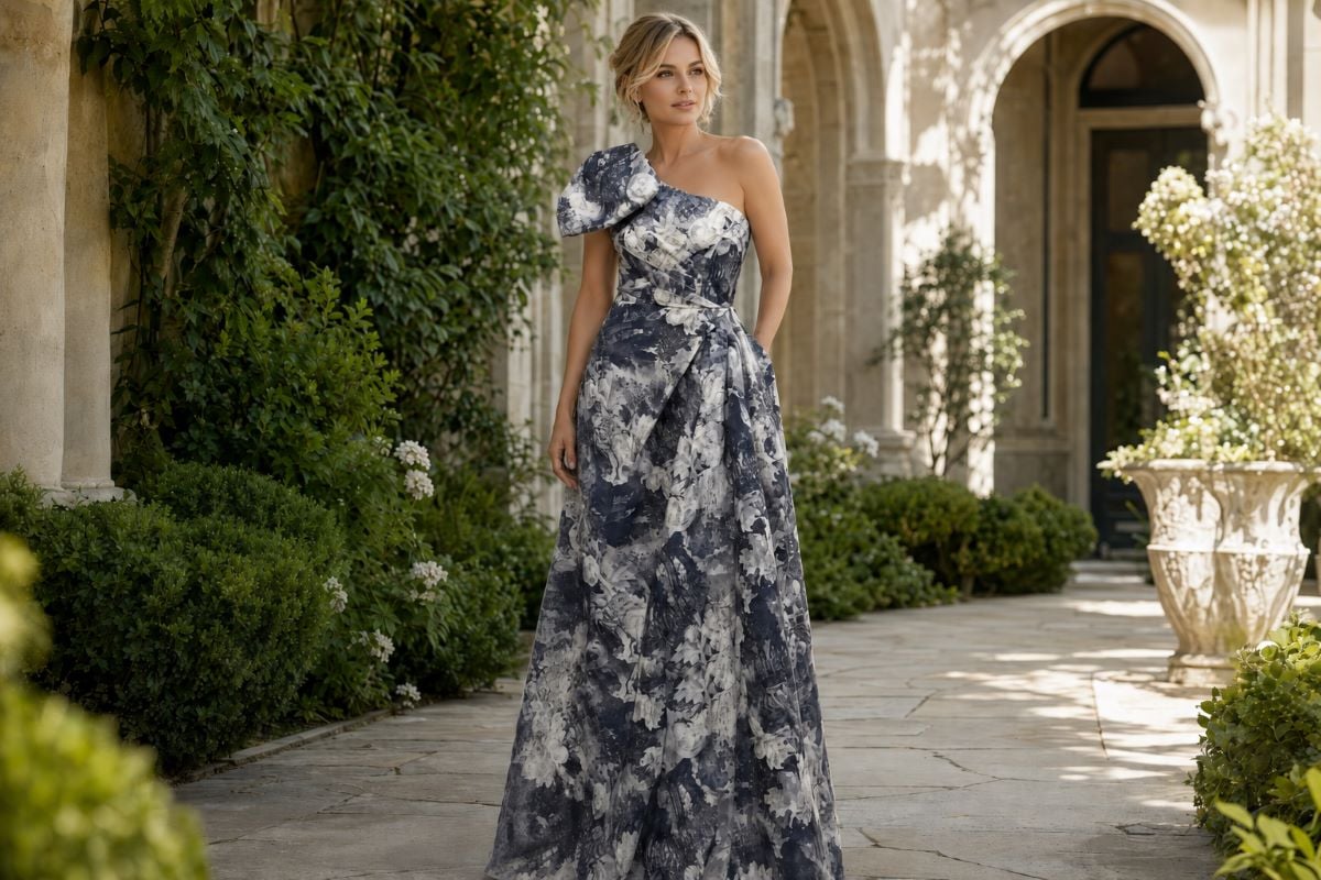 Monochrome floral one-shoulder gown for a 50th birthday