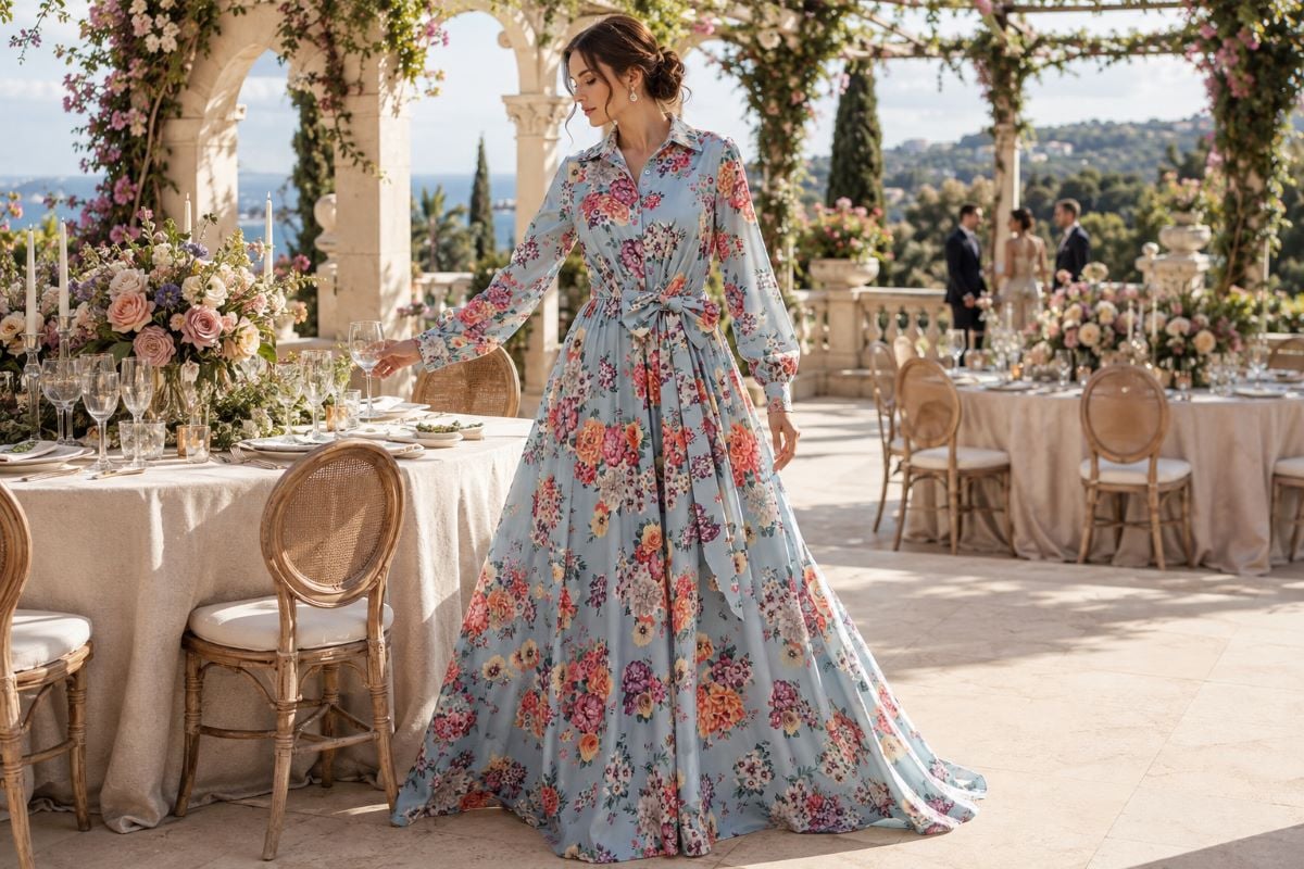 Floral flowing long sleeve mother gown