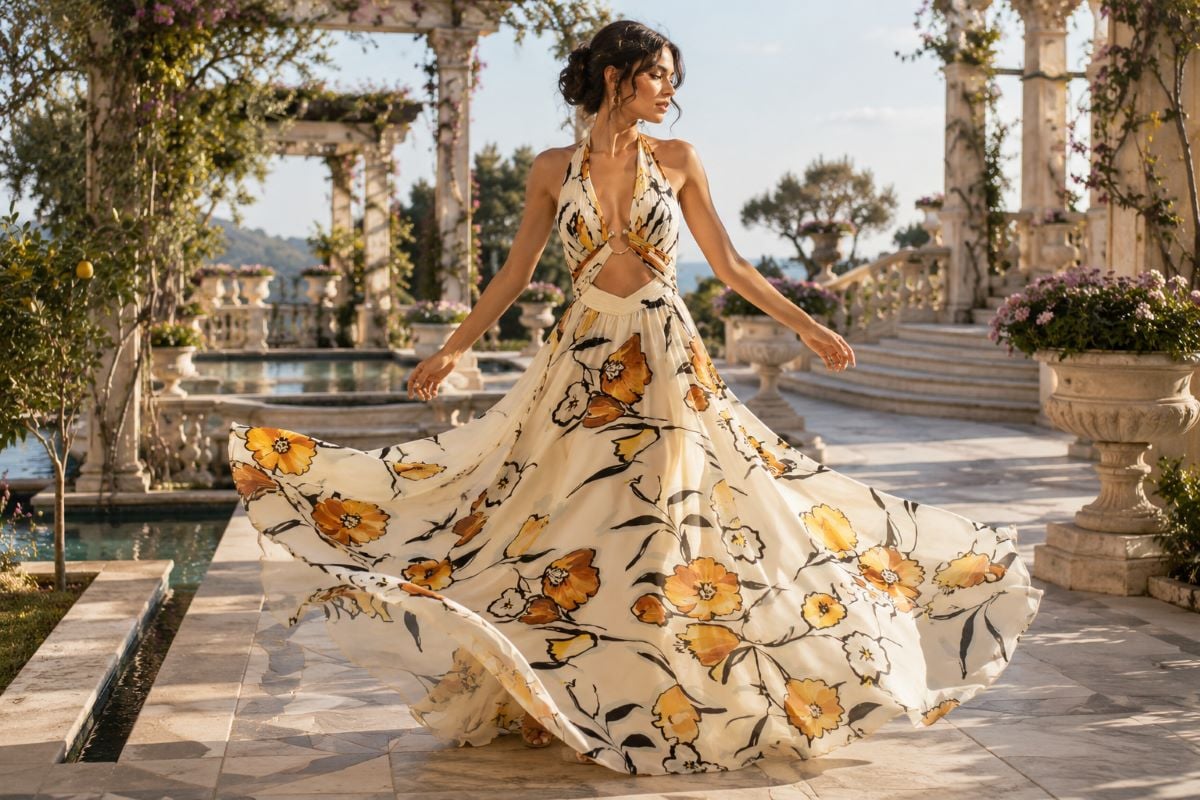 Floral flowy gown captured in motion