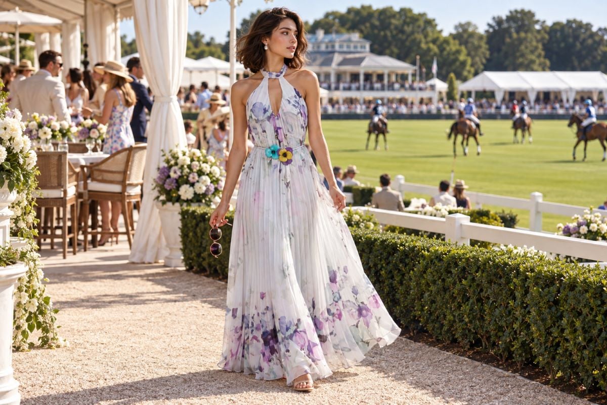 Floral halter maxi dress polo outfit