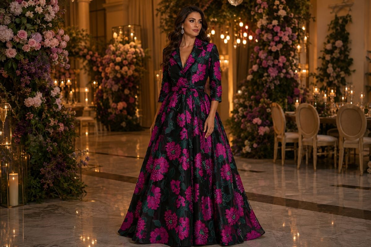 Floral jacquard mother of the bride gown with fuchsia botanical pattern
