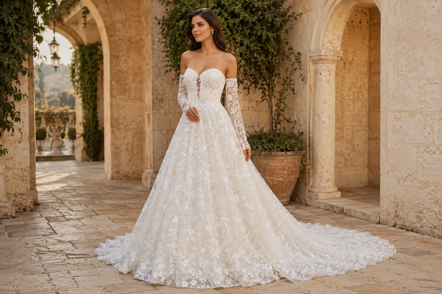 Bride in floral lace A-line wedding gown with detached lace sleeves