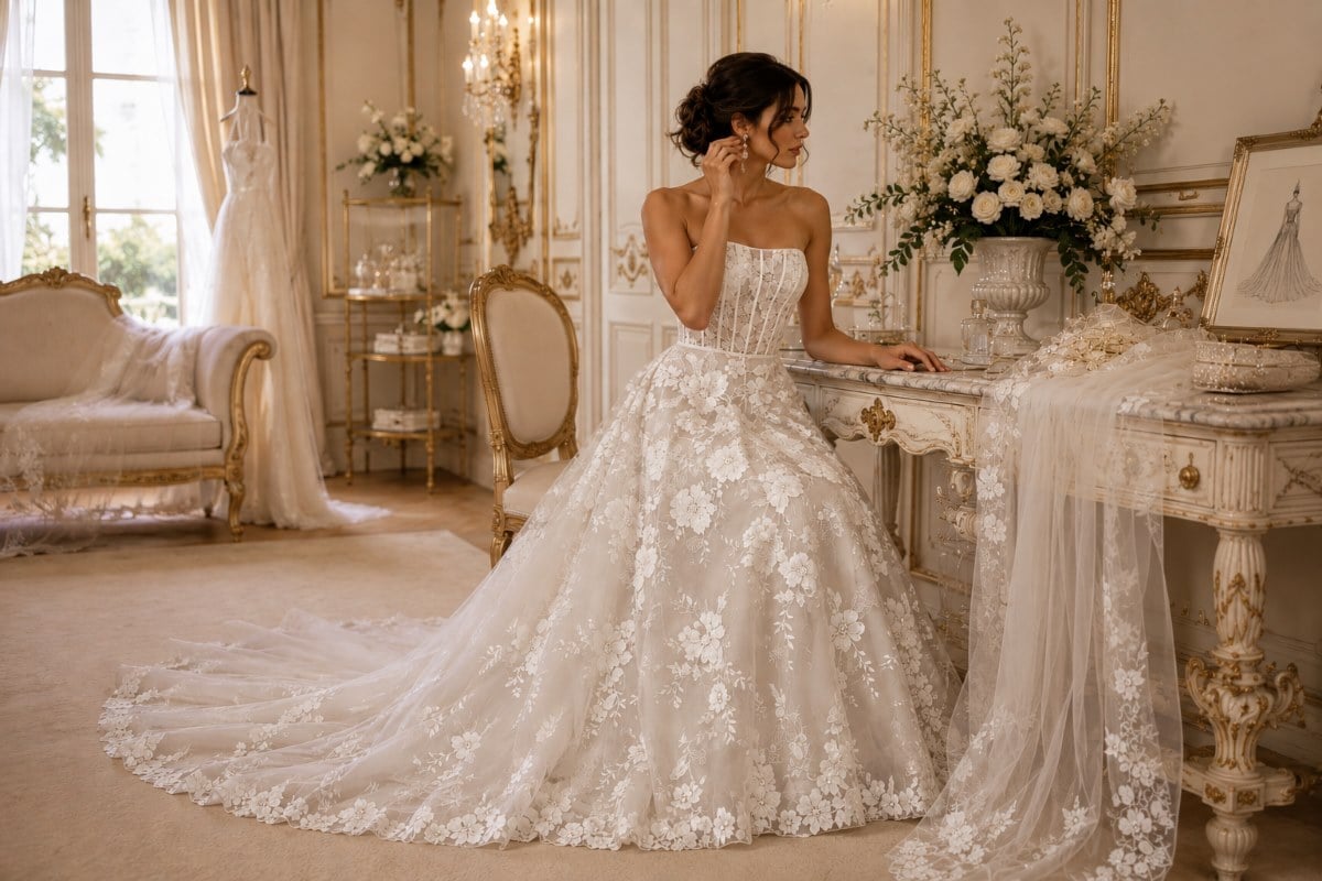 Floral lace strapless bridal gown