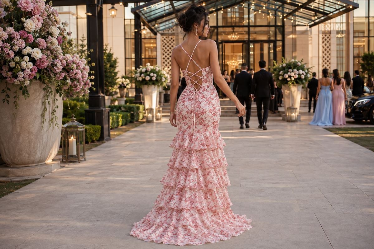 Floral lace-up back prom dress editorial