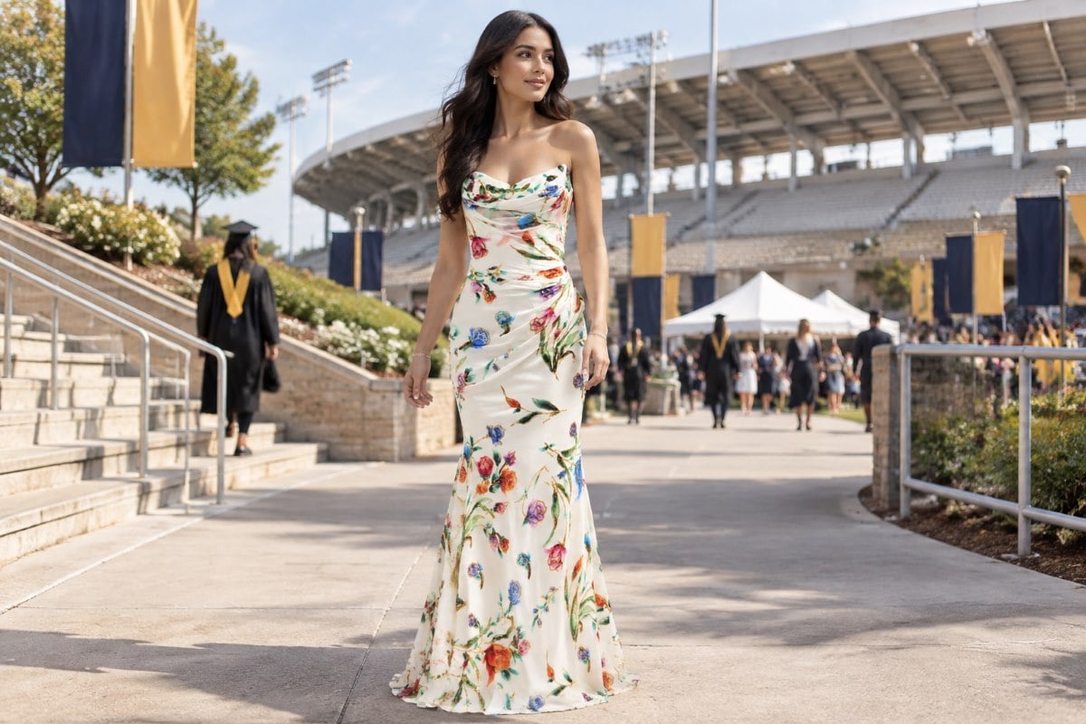 Floral mermaid graduation gown outdoor style