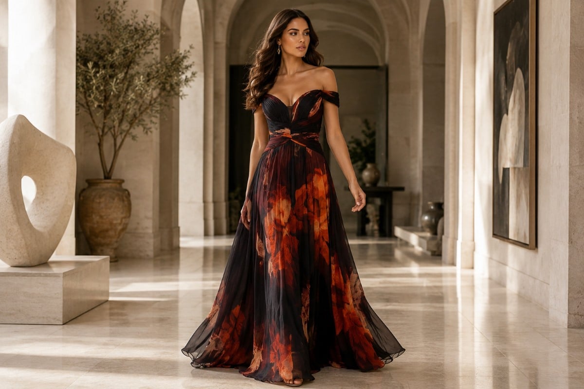 Floral off shoulder chiffon A-line evening gown