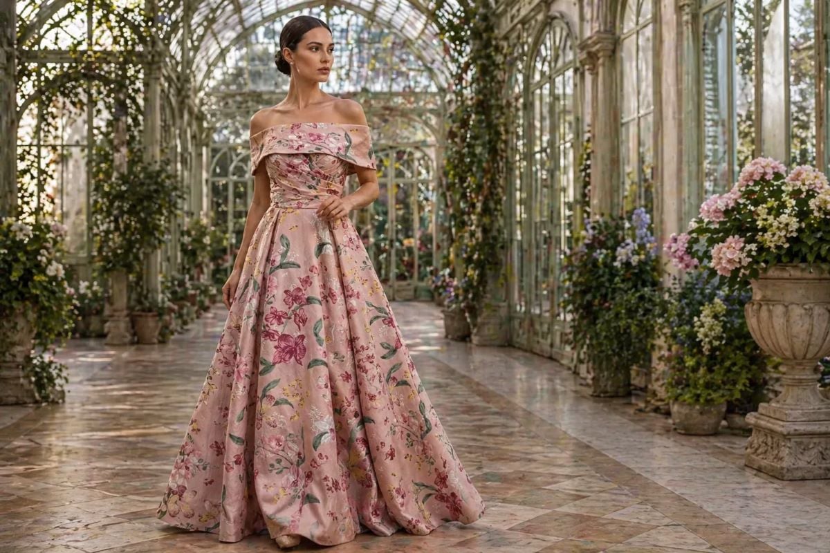 floral off shoulder A-line evening gown